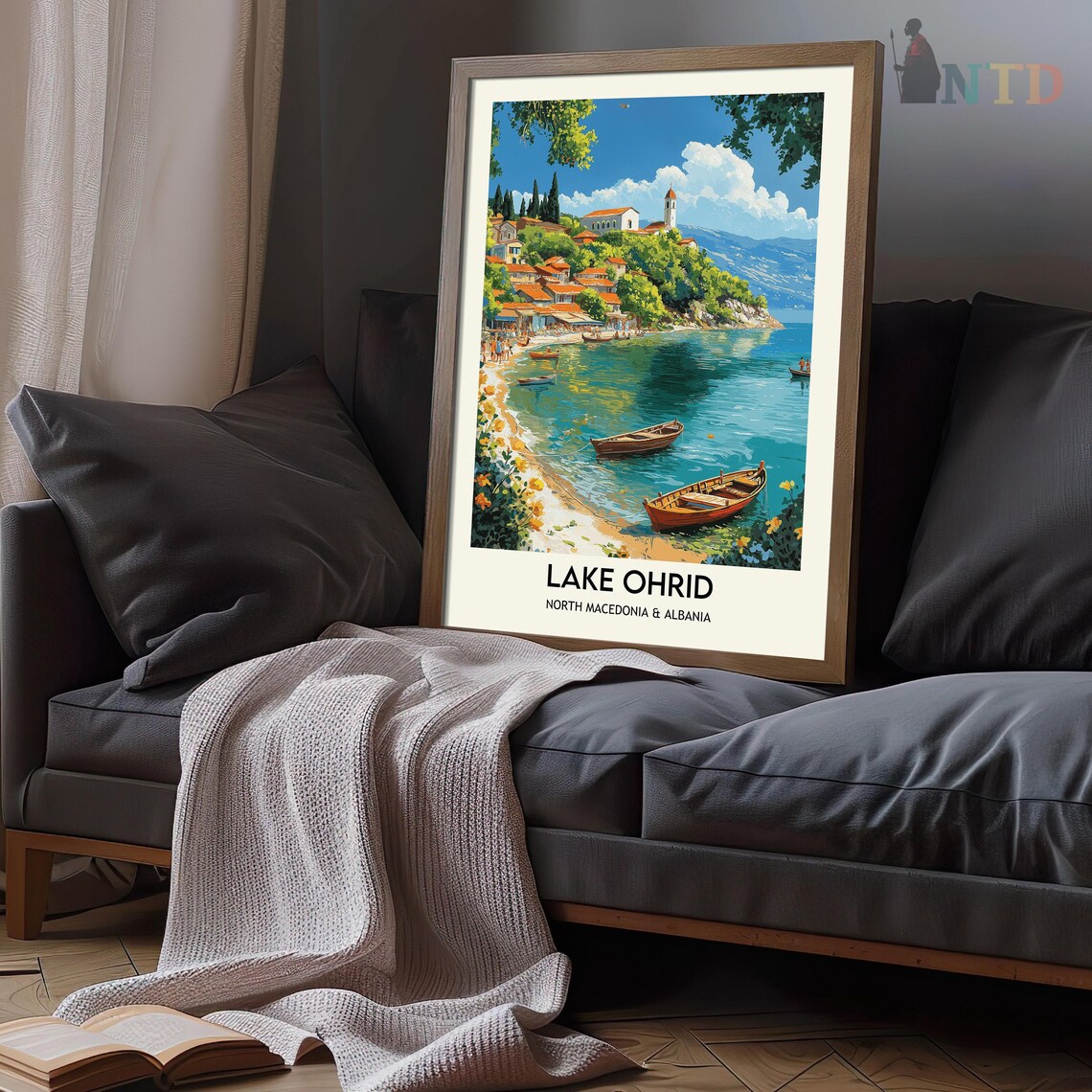Lake Ohrid North Macedonia Cove Boats Church Hill Travel Poster - Image 3