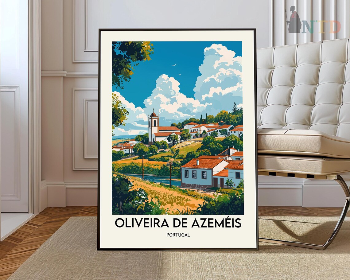 Oliveira de Azemeis Portugal Hillside Town Church Summer Travel Poster