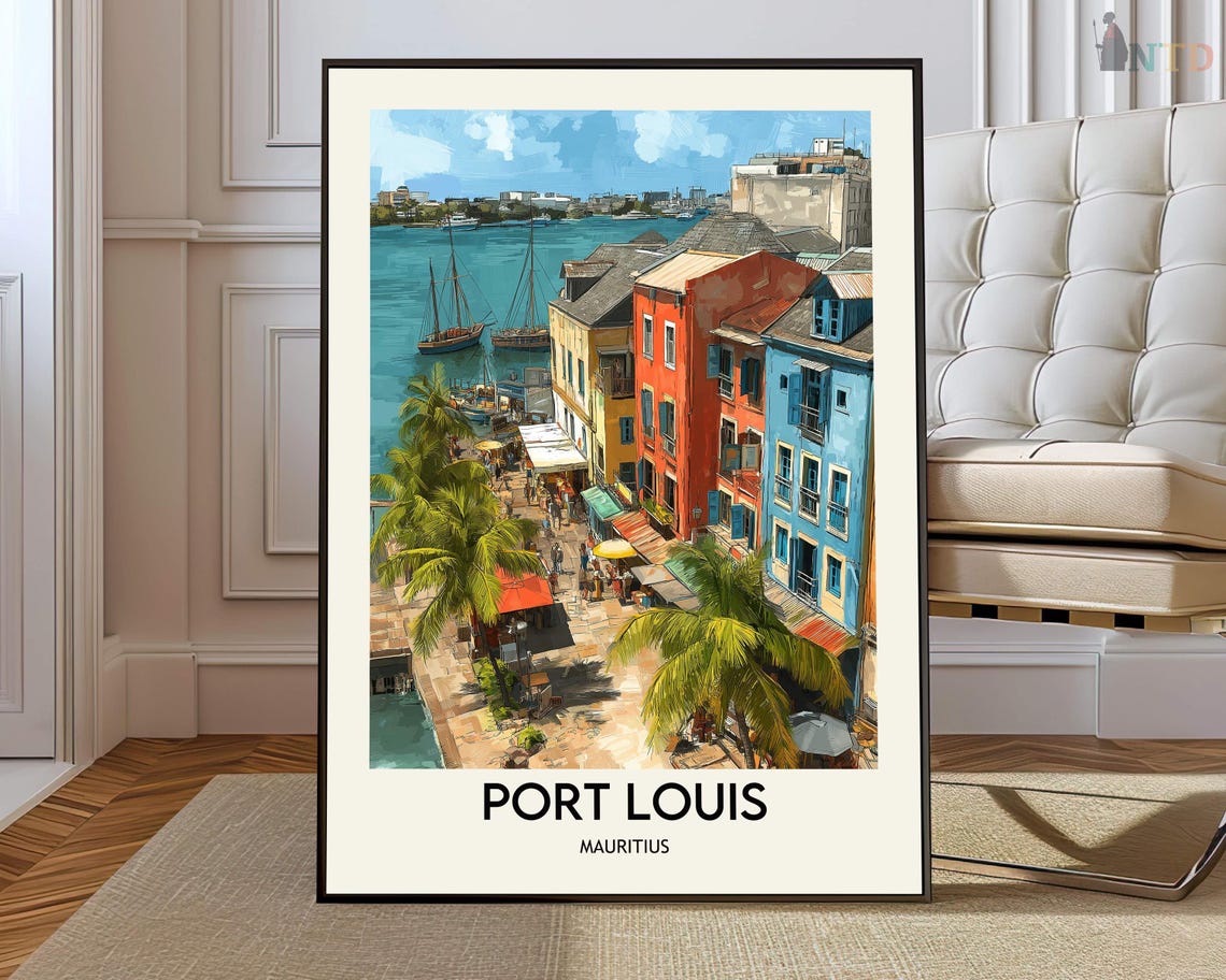 Port Louis Mauritius Poster with Colorful Waterfront City Illustration