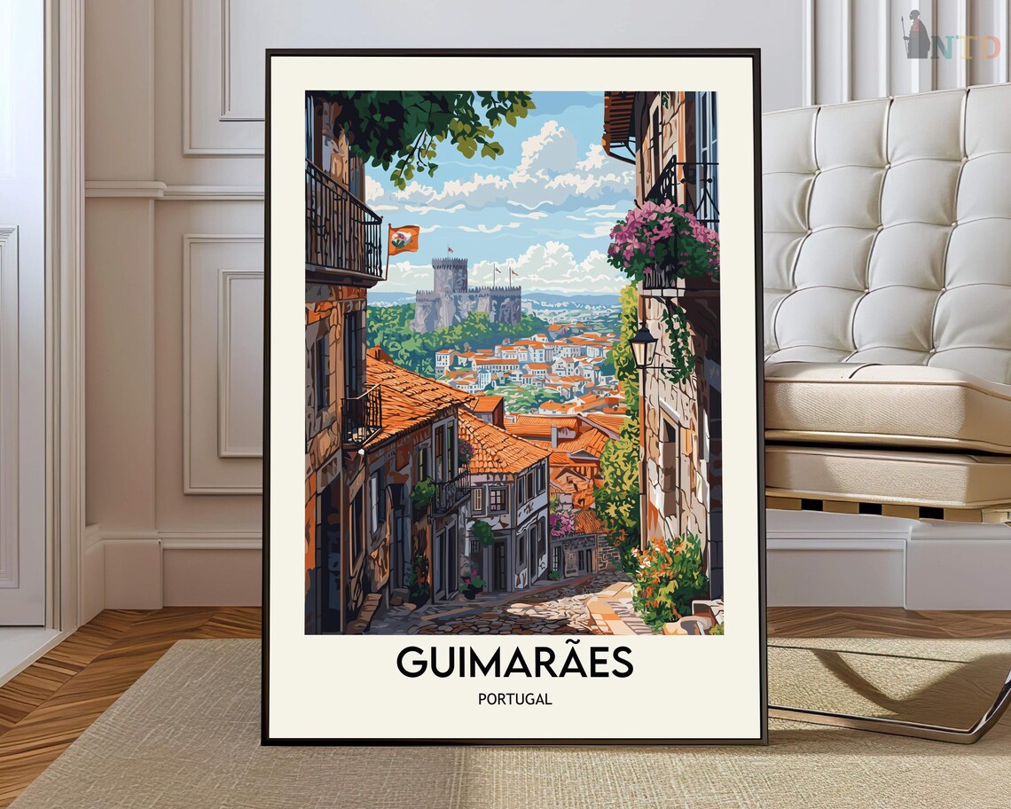 Guimarães Portugal Castle View Old Street Balcony Travel Poster