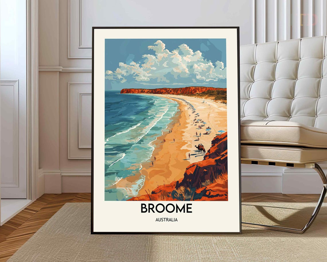 Broome Australia Red Cliffs Beach Camel Rides Vintage Travel Poster