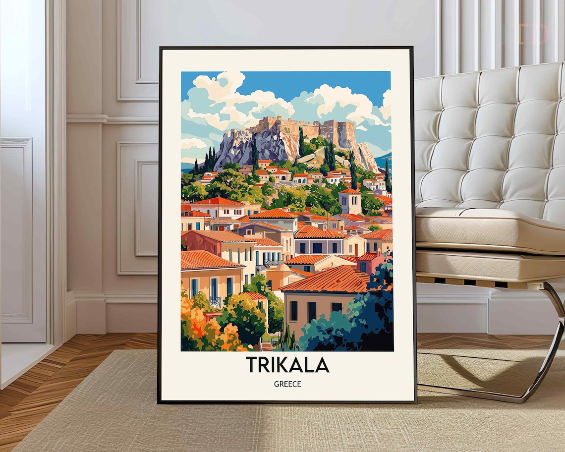 Trikala Greece Hillside Old Town Fortress Vintage Travel Poster