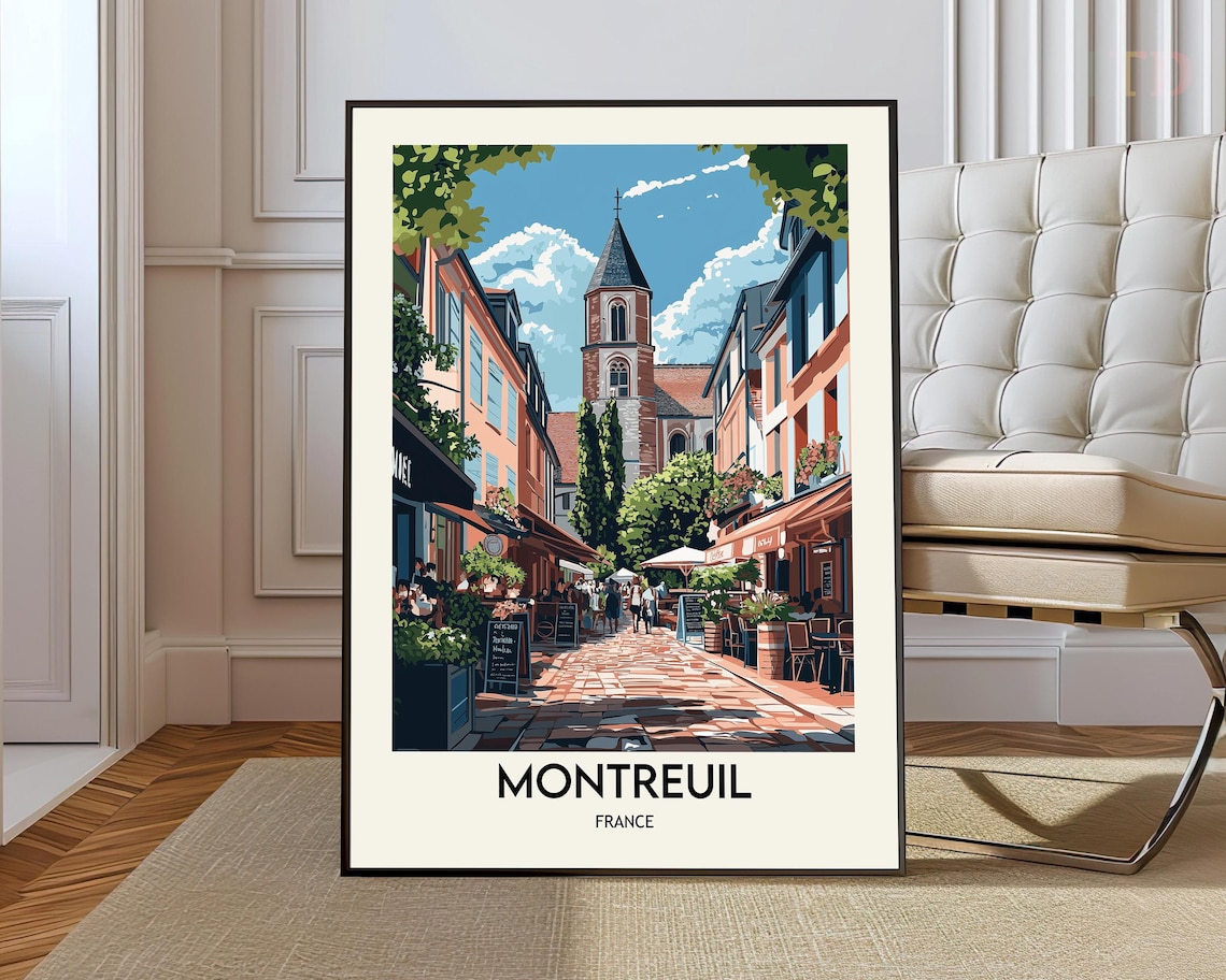 Montreuil France Cobbled Lane Poster with Brick Church Tower View