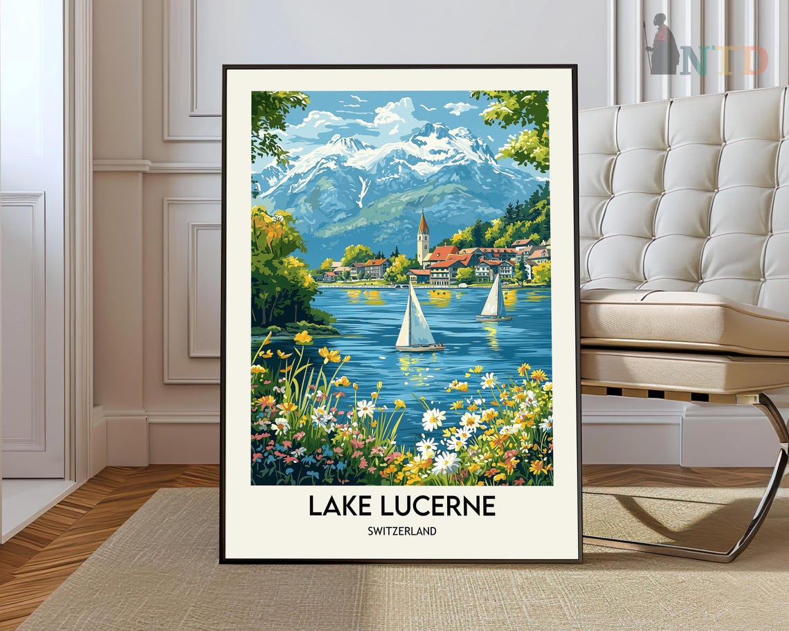Lake Lucerne Switzerland Sailboats Wildflowers Travel Poster