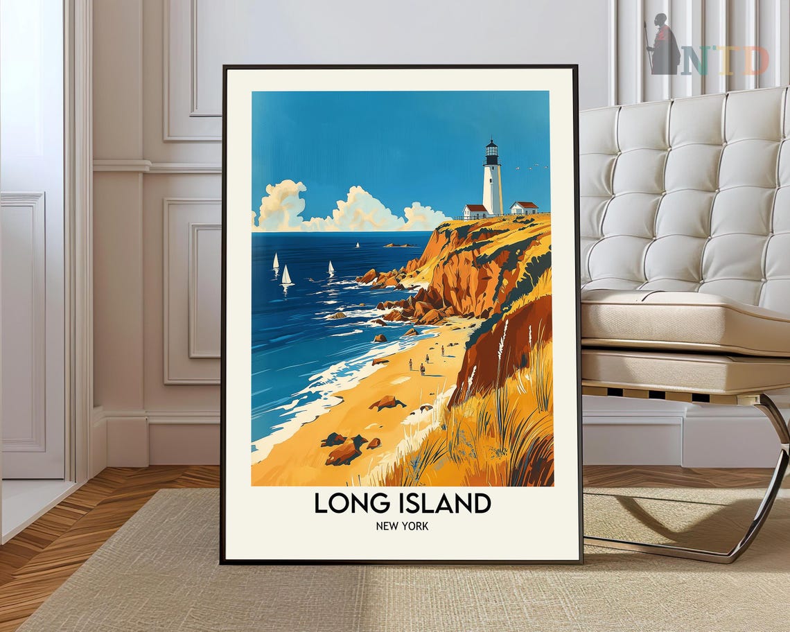 Long Island New York Lighthouse Cliff Beach Sailboats Travel Poster