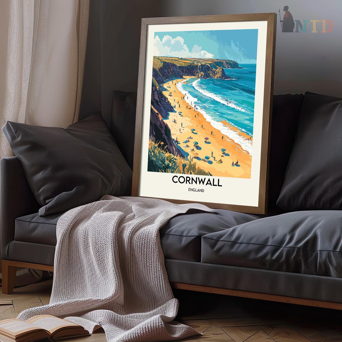 Cornwall Clifftop Beach with Umbrellas and Surfers at Midday Poster - Image 3