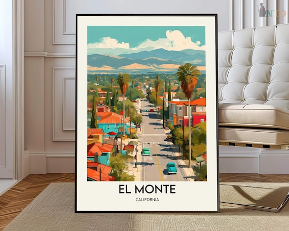 El Monte California Street Scene Travel Poster With Palm-Lined Road