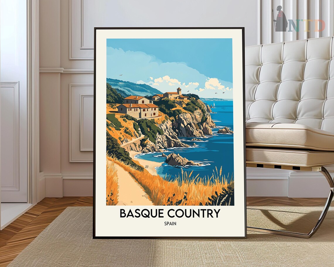 Basque Country Spain Golden Cliff Path Village Travel Poster
