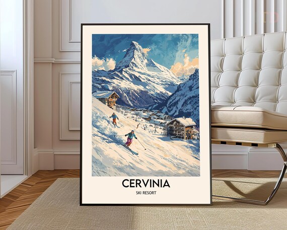 Cervinia Ski Resort Matterhorn Steep Slope Skiers Vintage Poster
