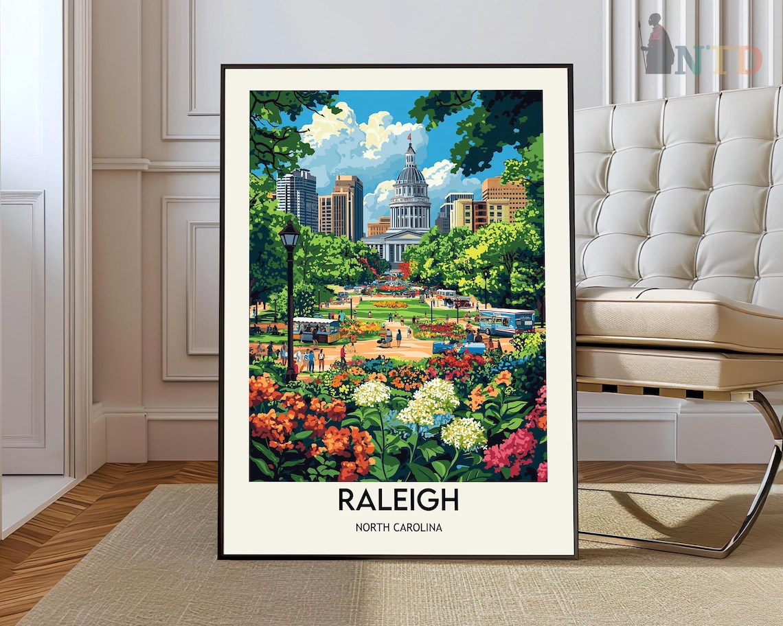 Raleigh North Carolina Capitol Gardens Vintage Travel Poster