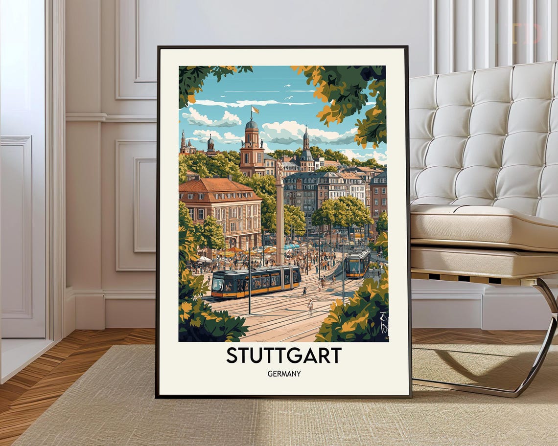 Stuttgart Germany Vintage Travel Poster Grand City Square Yellow Trams