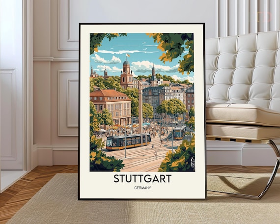 Stuttgart Germany Vintage Travel Poster Grand City Square Yellow Trams