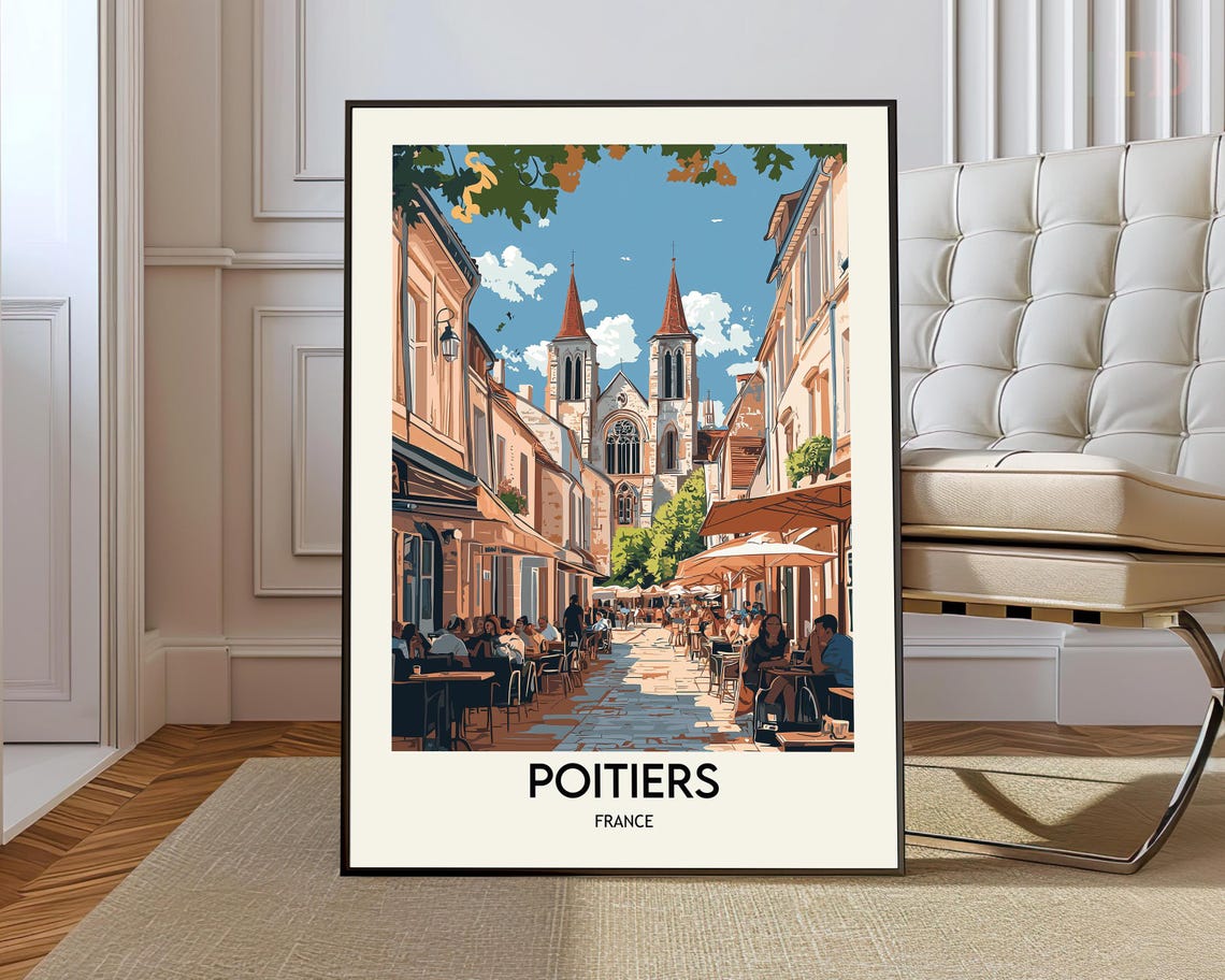 Poitiers France Twin Spired Church Cafe Street Scene Art Poster
