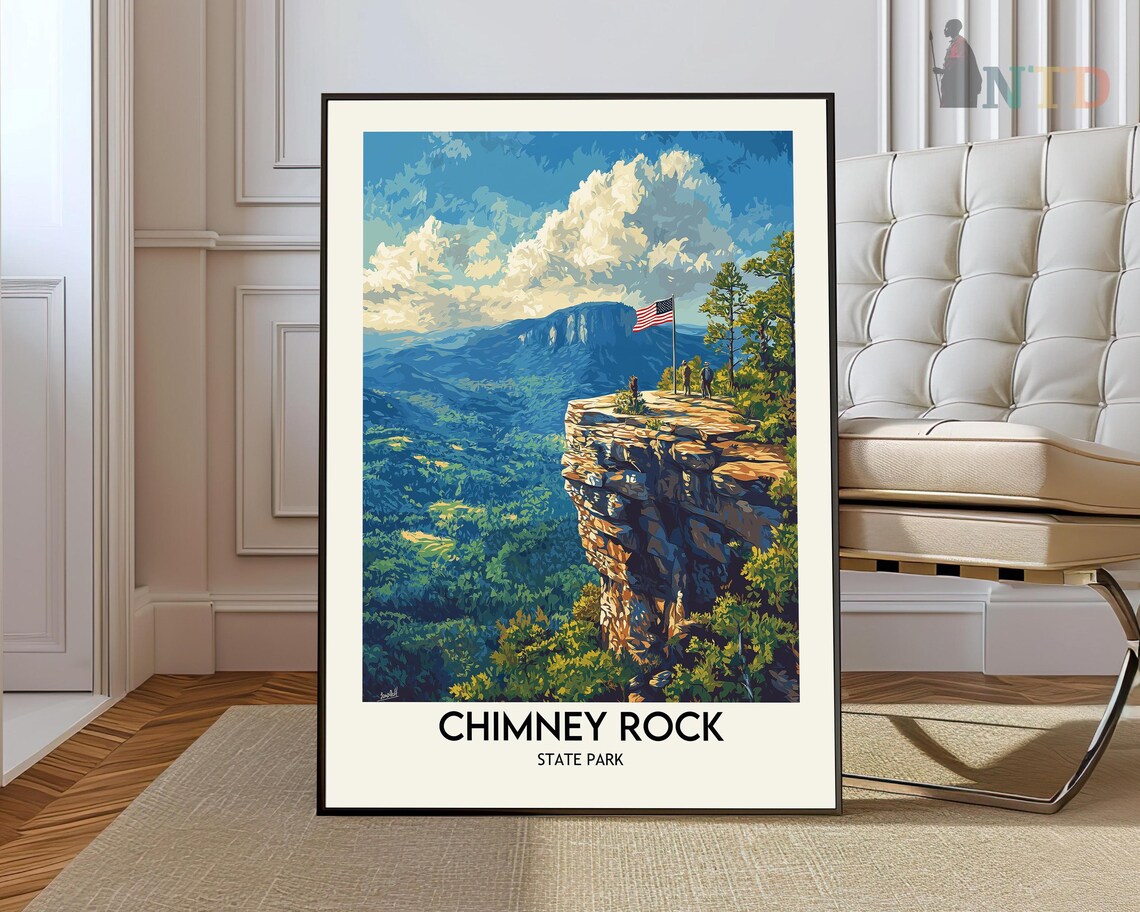 Chimney Rock State Park Flag Flying Over the Blue Ridge Vista Poster