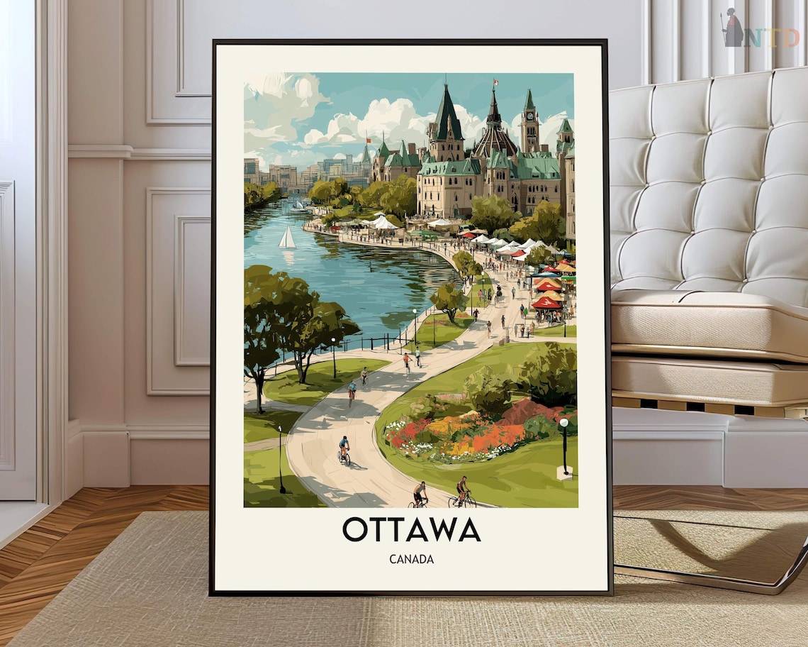 Ottawa Canada Poster Parliament Hill Canal Vintage Travel Illustration