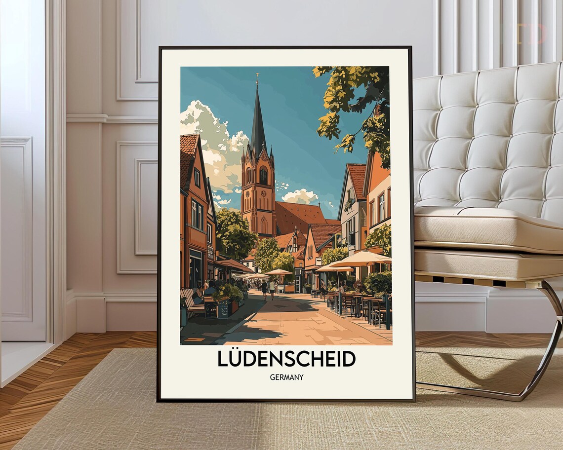 Luedenscheid Germany Travel Poster Old Town Church Street Scene
