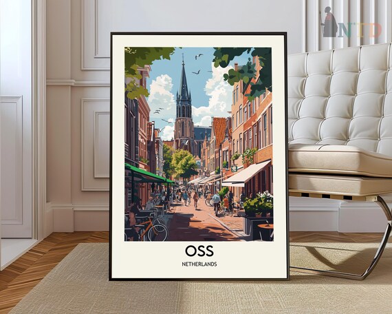Oss Netherlands Church Street Colorful Vintage Travel Poster