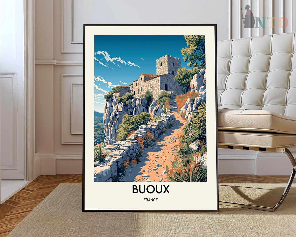 Buoux France Cliffside Stone Fortress Illustrated Travel Poster