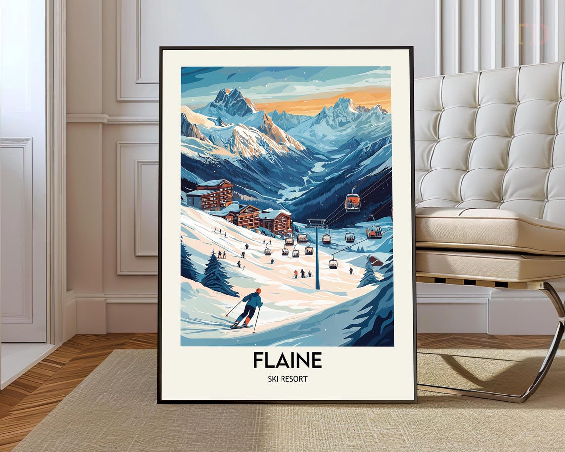 Flaine France Ski Resort Vintage Alpine Sunset Slopes Art Poster