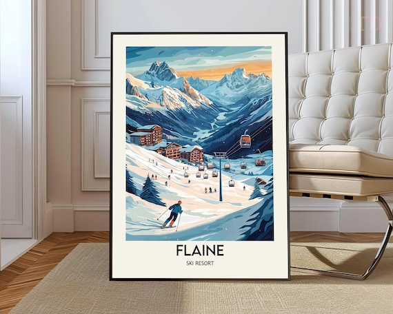 Flaine France Ski Resort Vintage Alpine Sunset Slopes Art Poster