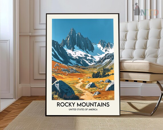 Rocky Mountains Snow Capped Peaks Alpine Meadow Trail Scenic Travel Poster