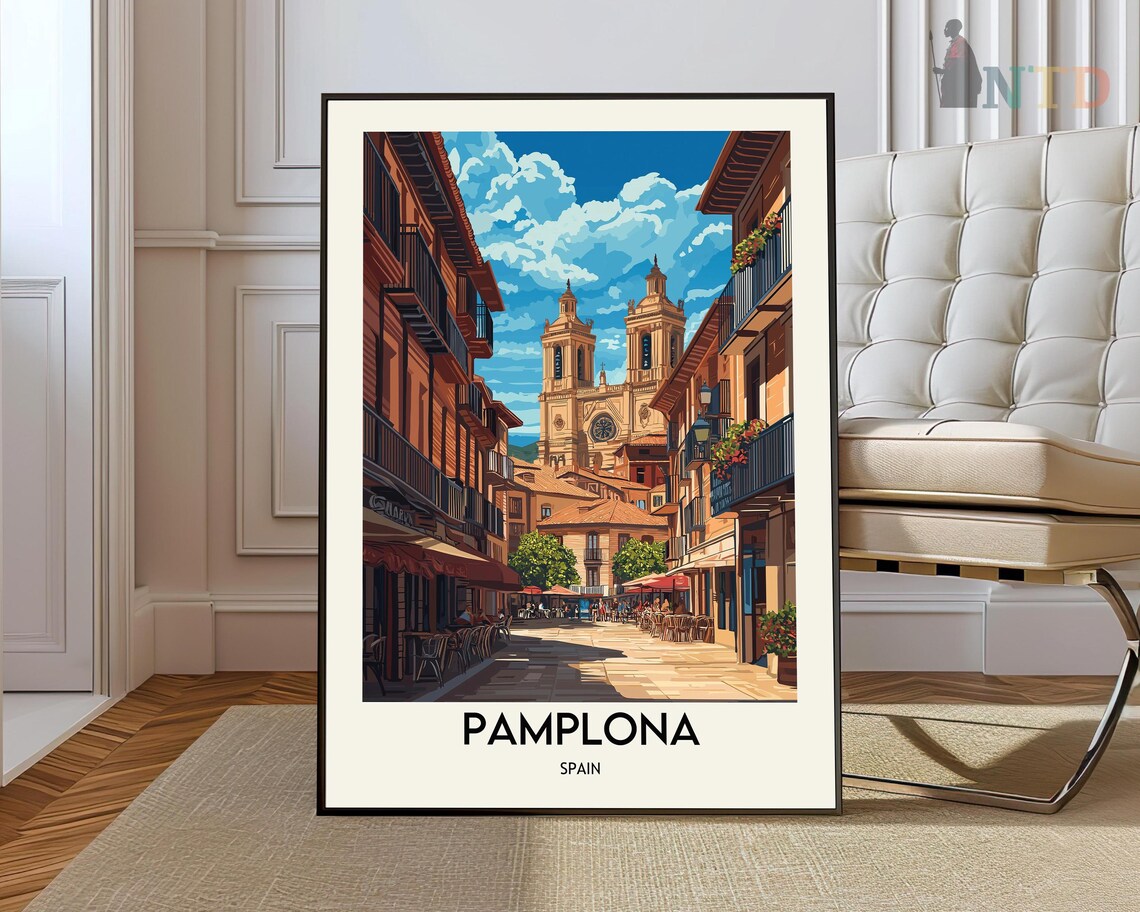 Pamplona Spain Old Town Street Church Towers Vintage Travel Poster