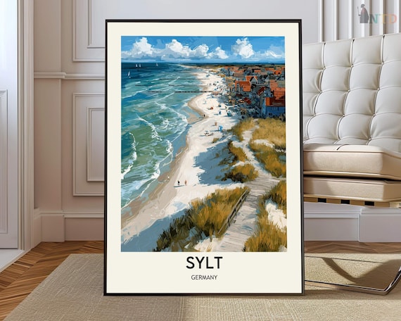 Sylt Germany Aerial Beach Panorama Surf Vintage Travel Poster