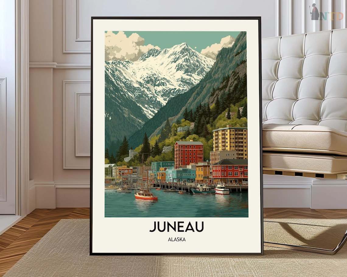 Juneau Alaska Harbor Town Snow Capped Mountains Travel Poster