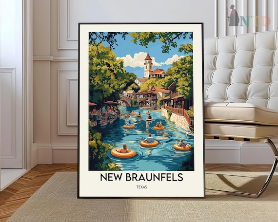 New Braunfels Texas River Tubing Vintage Travel Scene Art Poster