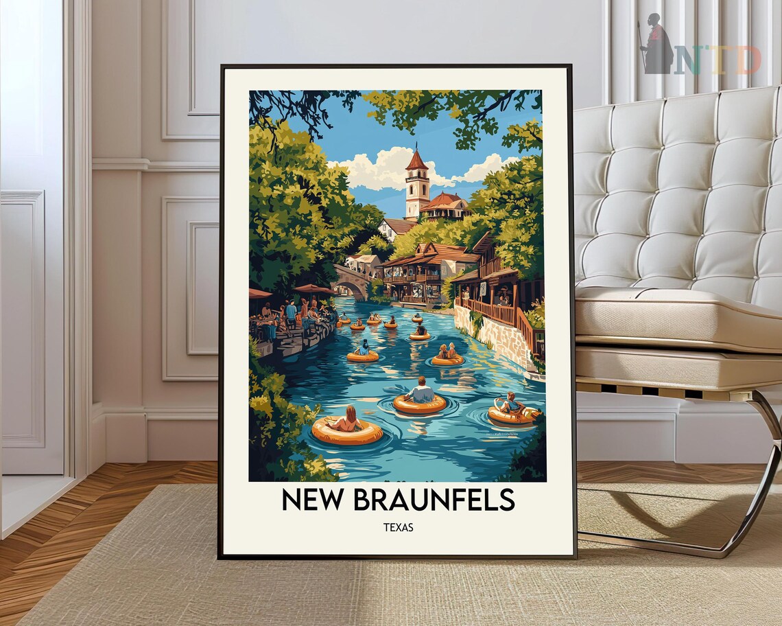 New Braunfels Texas River Tubing Vintage Travel Scene Art Poster