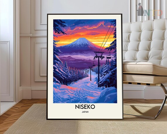 Niseko Japan Winter Sunset Ski Resort Mountain Chairlift Travel Poster
