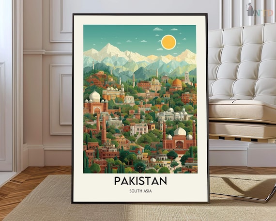 Pakistan South Asia Sunlit Hillside City Mountains Travel Poster Art