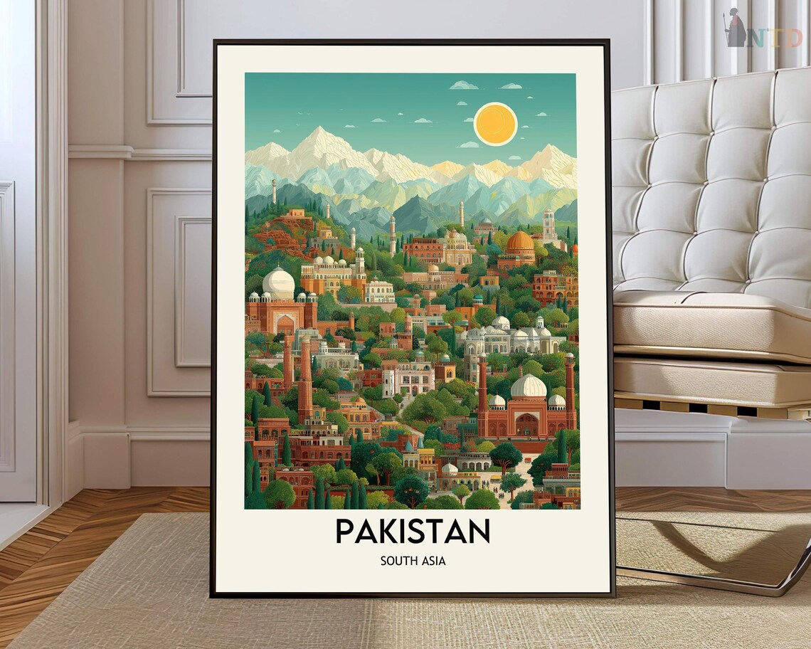 Pakistan South Asia Sunlit Hillside City Mountains Travel Poster Art