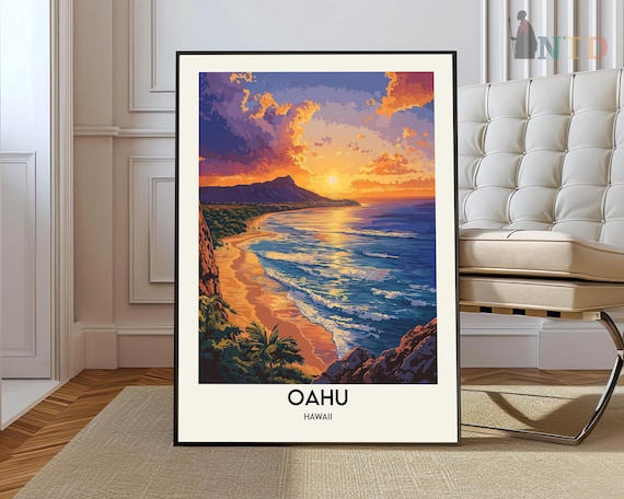 Oahu Hawaii Sunset Beach Mountain Silhouette Purple Sky Travel Poster
