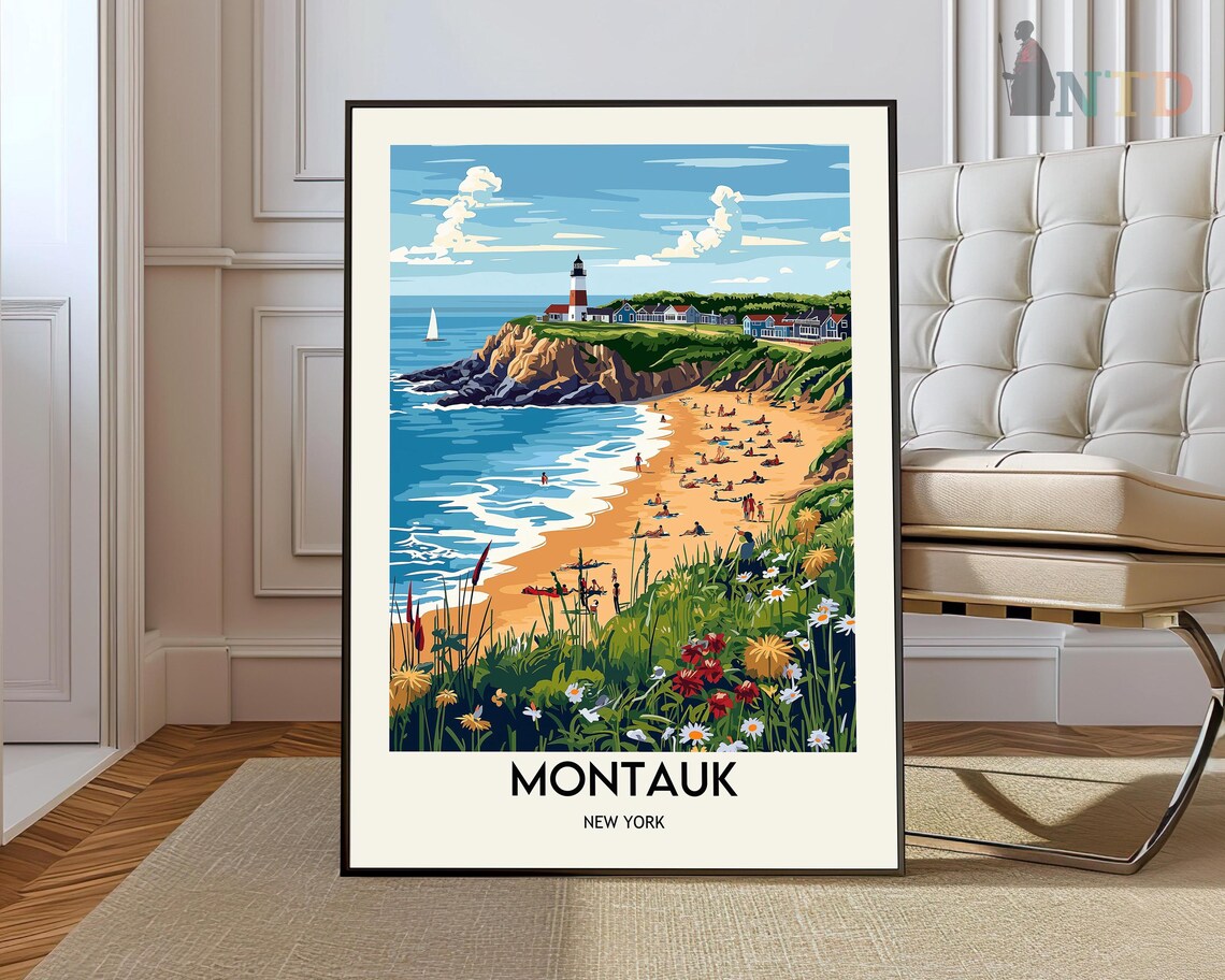 Iconic Montauk New York Lighthouse Beach Vintage Travel Poster