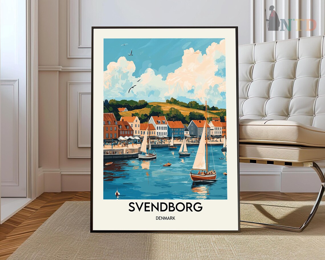 Svendborg Denmark Harbor Sailboats Waterfront Vintage Travel Poster
