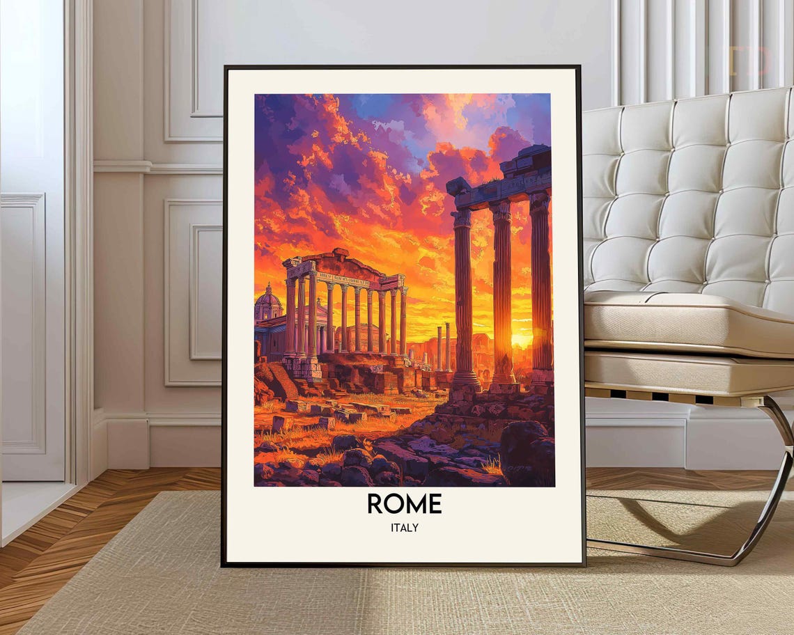 Rome Italy Roman Forum Ancient Columns Fiery Sunset Sky Art Poster