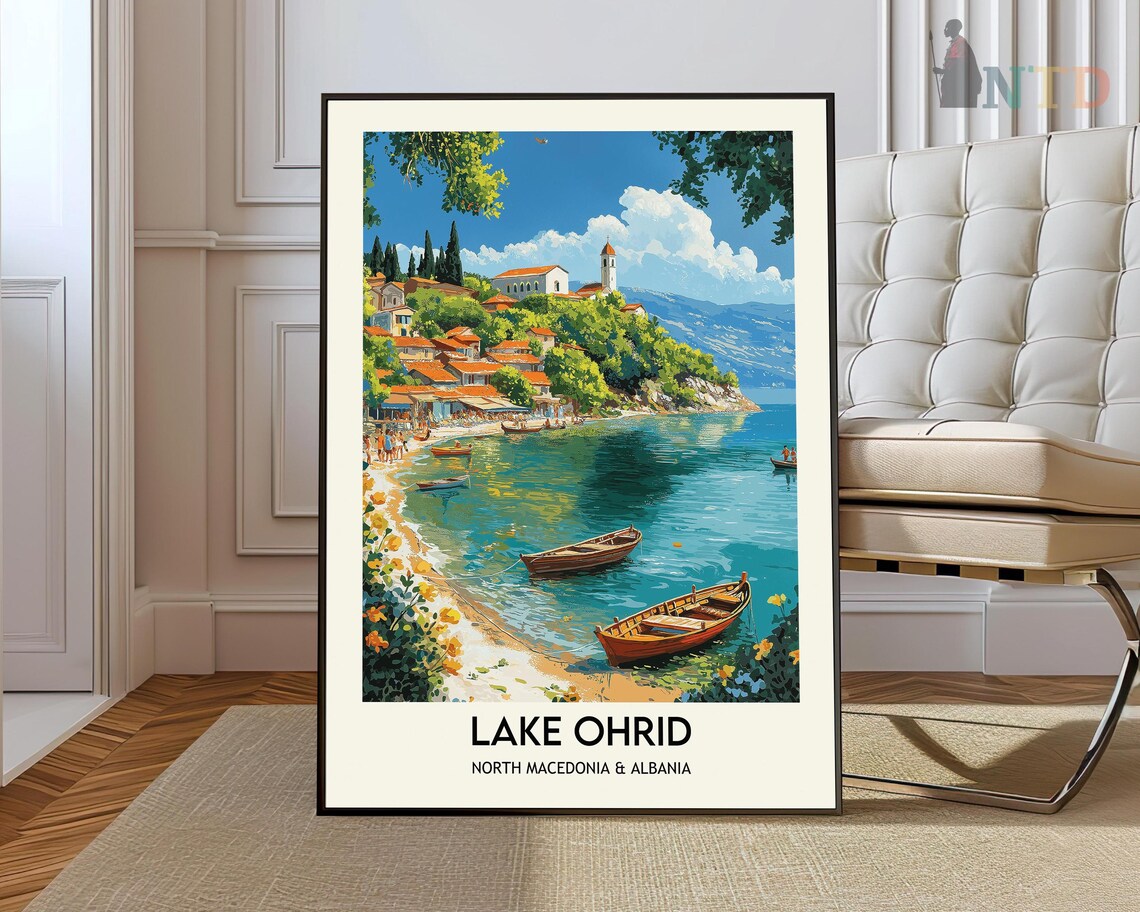 Lake Ohrid North Macedonia Cove Boats Church Hill Travel Poster