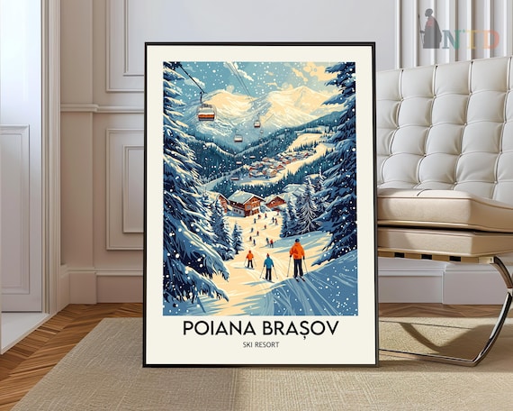 Poiana Brașov Romania Skiers Slopes Retro Ski Resort Travel Poster