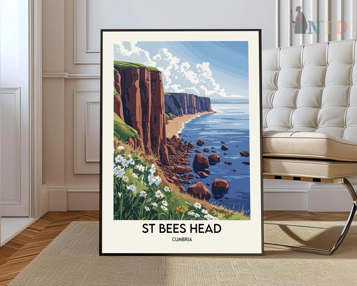St Bees Head Cumbria Red Cliffs Coastline English Travel Poster