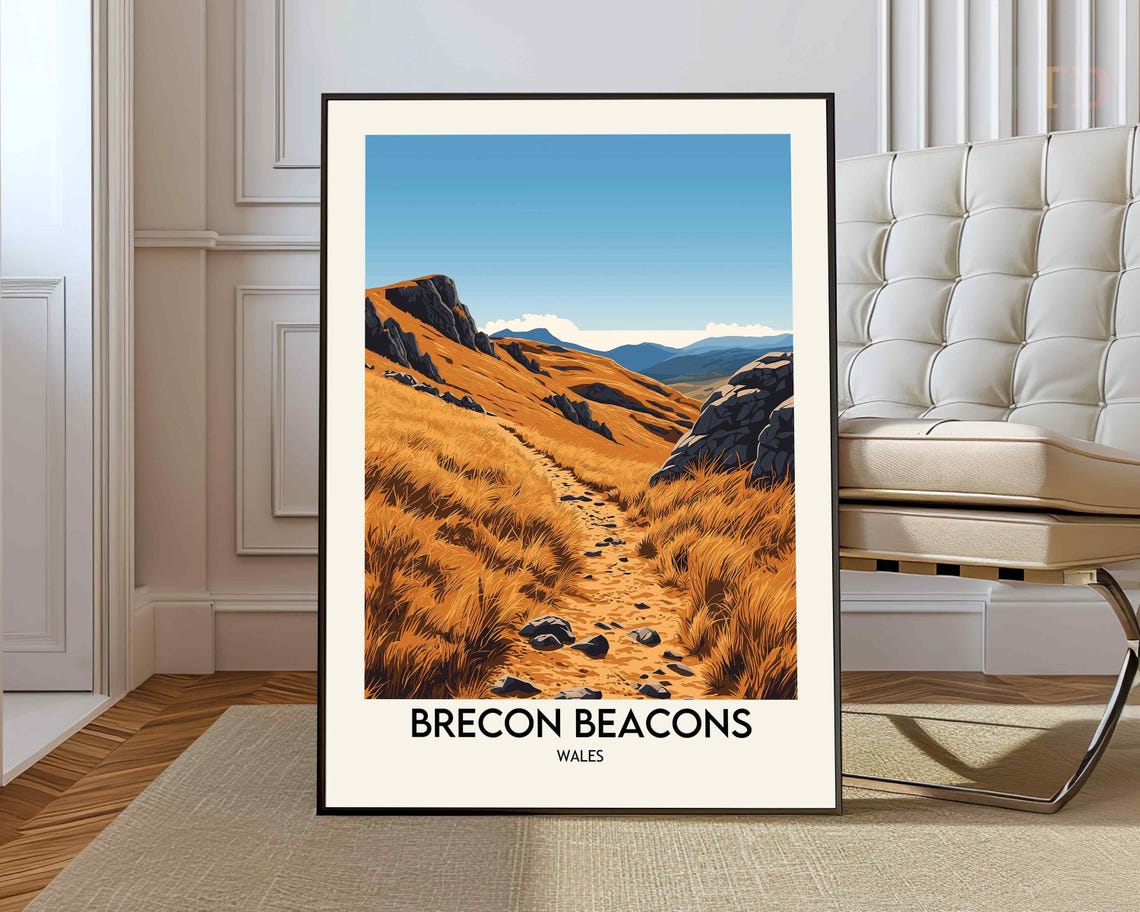 Brecon Beacons Wales Rocky Mountain Summit Trail Vintage Travel Poster