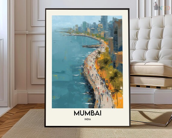 Mumbai India Aerial Marine Drive Curved Bay View Travel Poster