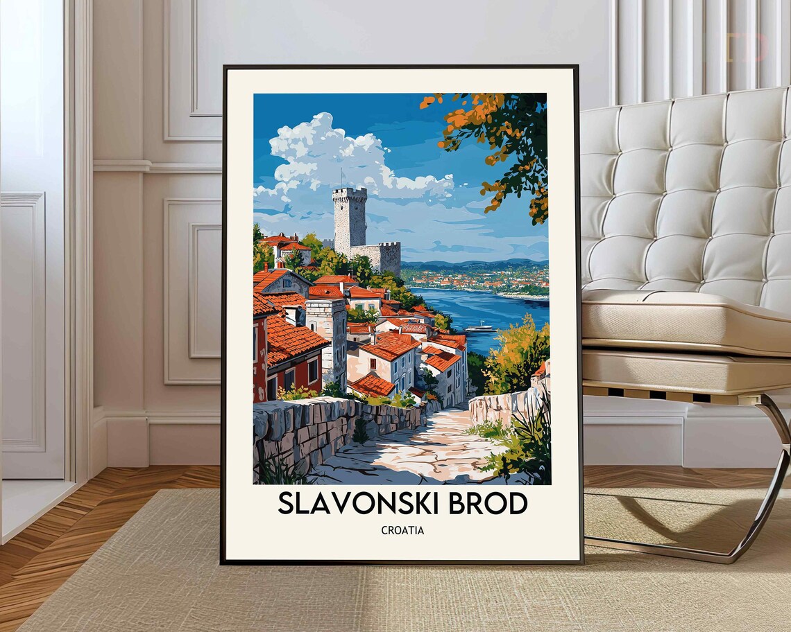 Slavonski Brod Croatia Fortress Tower Red Roofs Retro Travel Poster