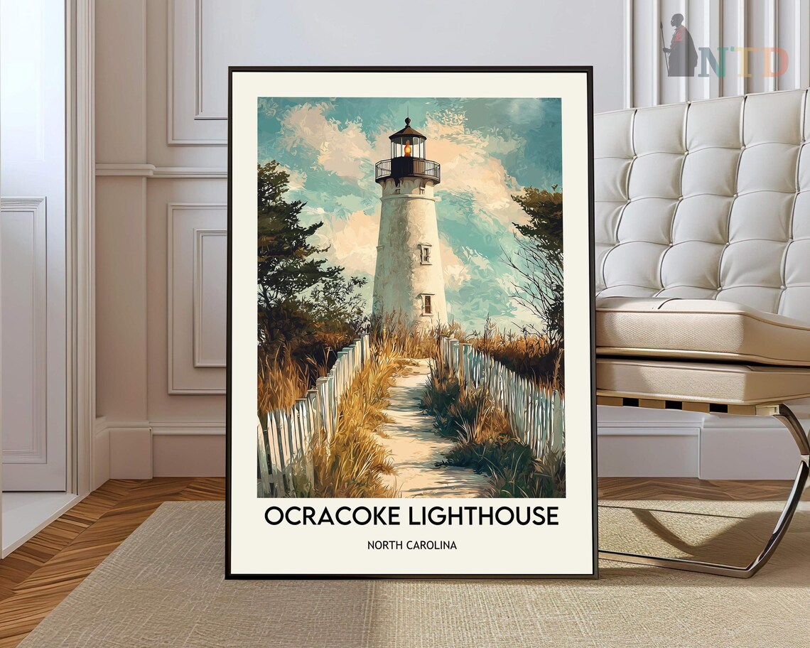 Ocracoke Lighthouse North Carolina Coastal Dune Path Travel Poster
