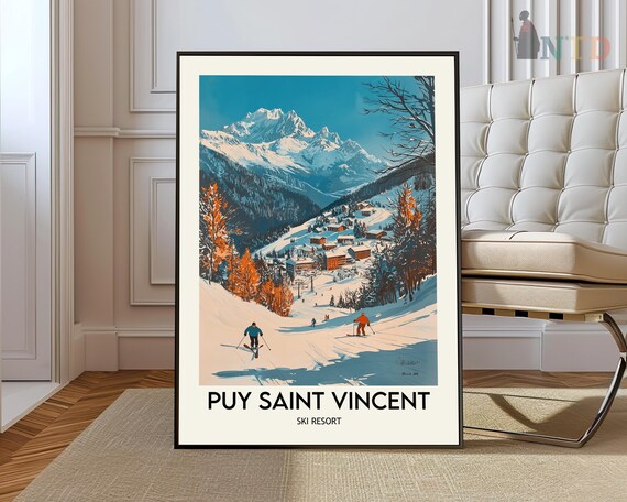 Puy Saint Vincent French Alps Ski Resort Slopes Retro Travel Poster