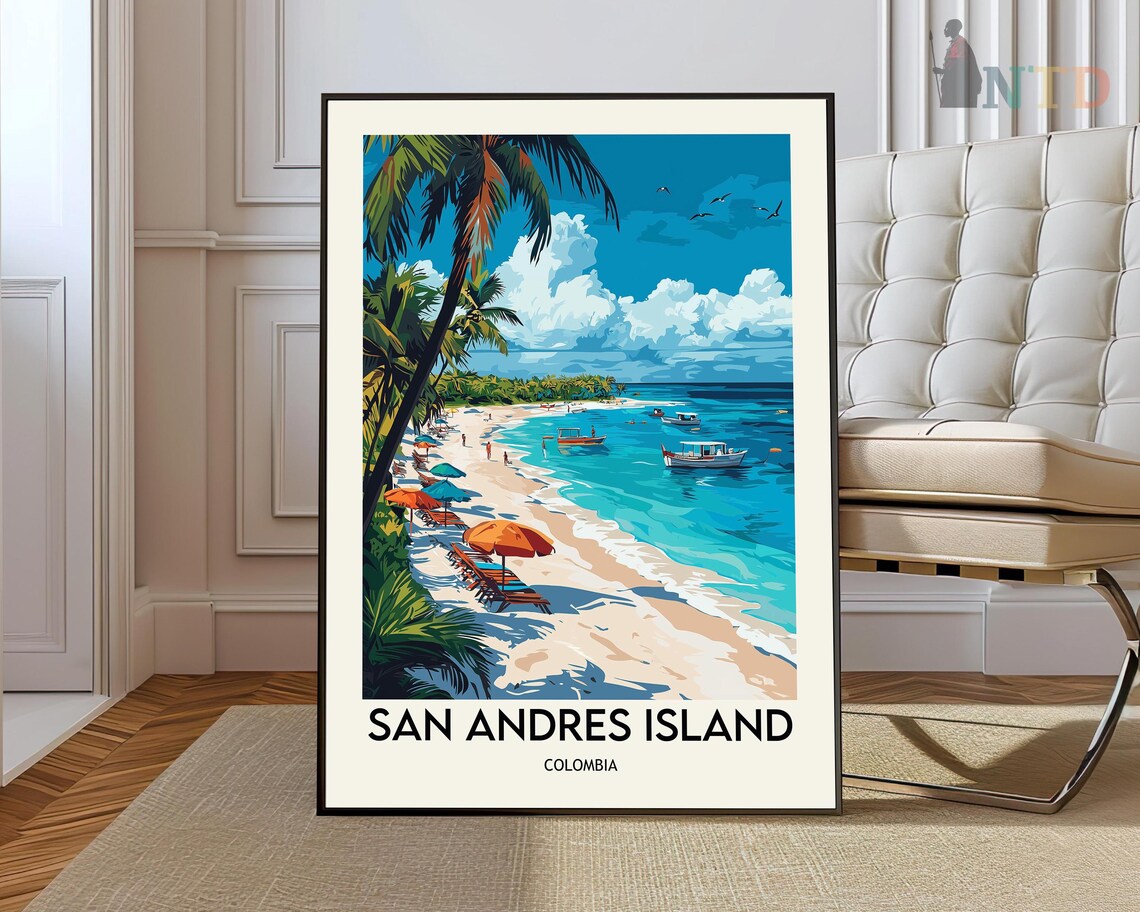 San Andres Island Colombia Palm Beach Boats Tropical Travel Poster
