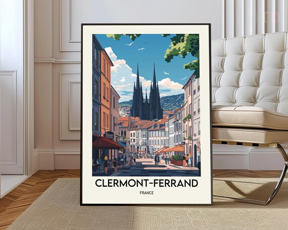 Clermont Ferrand France Bustling Street Cathedral Travel Poster