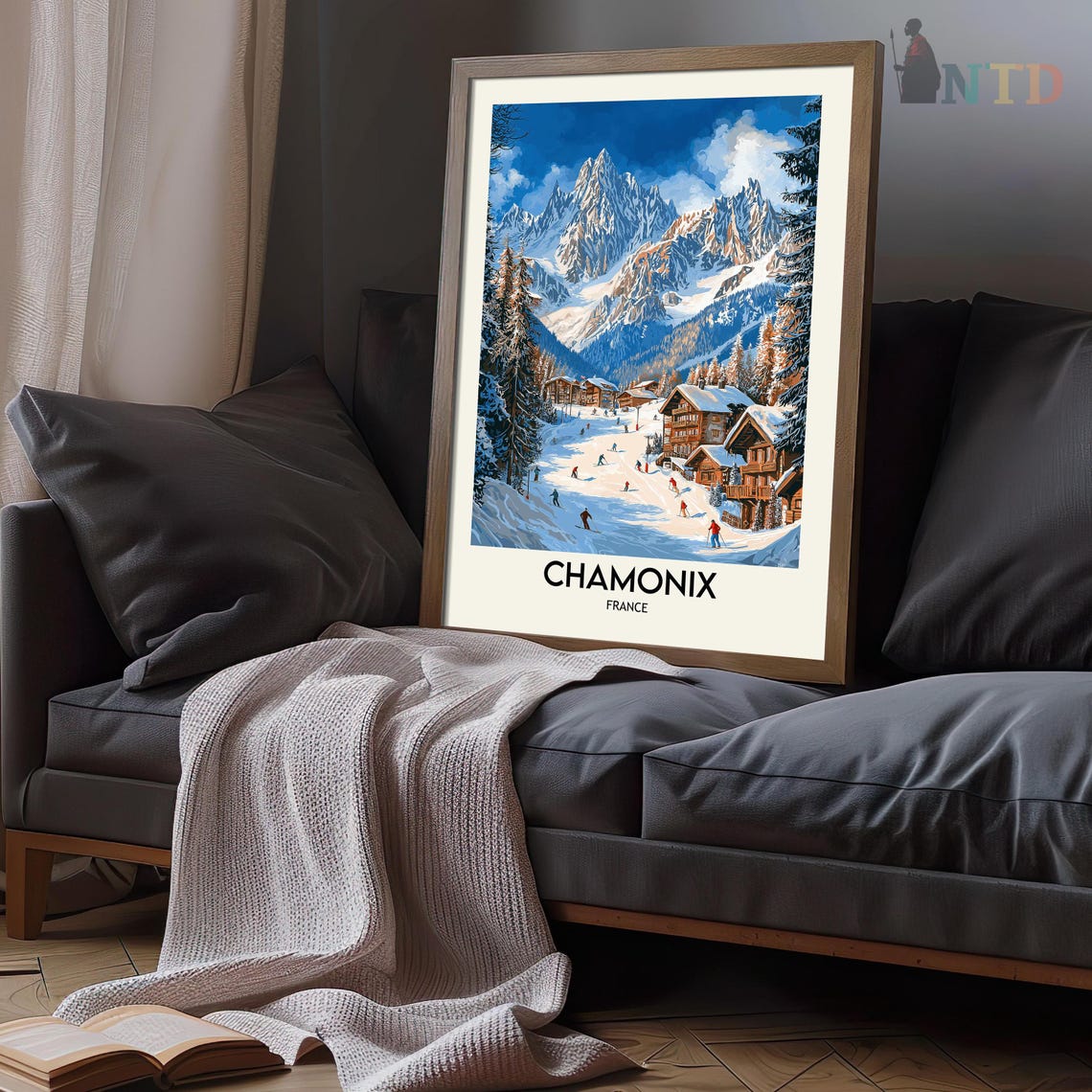 Chamonix France Busy Daytime Ski Slopes Chalets Blue Sky Poster - Image 2