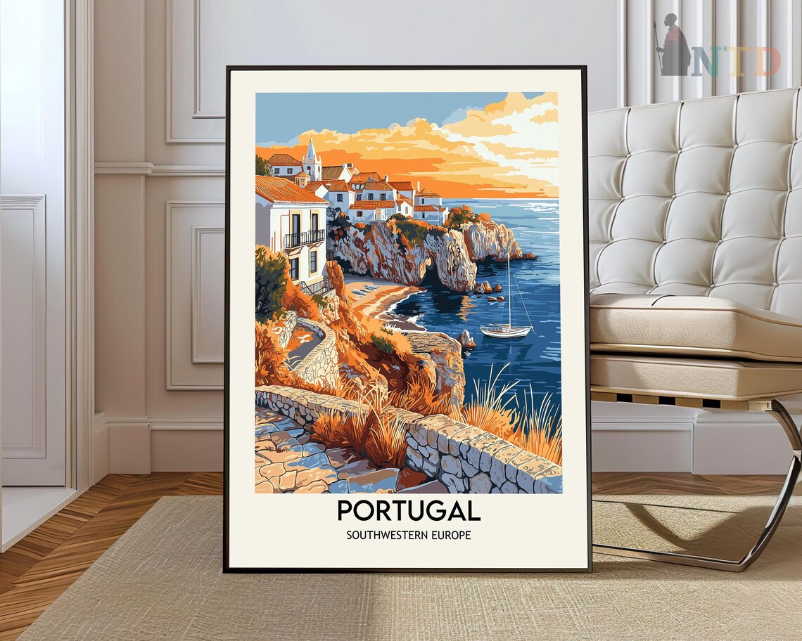 Portugal Cliffside Village Golden Sunset Vintage Travel Poster
