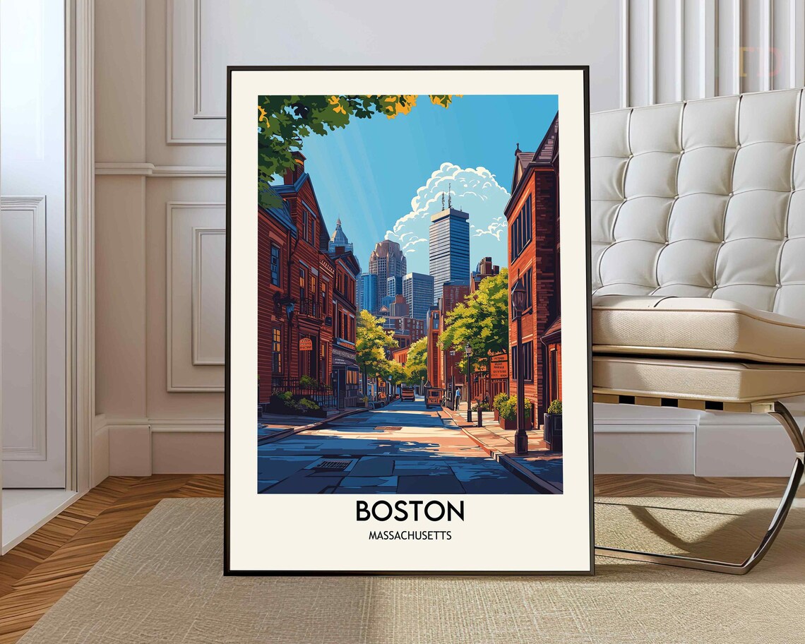 Boston Brownstone Street Skyline Massachusetts Travel Poster
